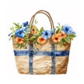 Watercolor hand drawn holiday blue stripped beach fashion bag with poppy flowers Royalty Free Stock Photo