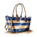 Watercolor hand drawn holiday blue stripped beach fashion bag illustration Royalty Free Stock Photo