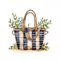 Watercolor hand drawn holiday blue stripped beach fashion bag illustration Royalty Free Stock Photo