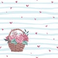 Watercolor hand drawn holiday seamless pattern with flower bouquet basket, hearts, stripes isolated.