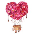 Watercolor hand drawn hot air balloon with heart of flowers Royalty Free Stock Photo