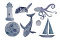 Watercolor hand-drawn humpback whale, an octopus, a turtle ,a moon lighthouse and a sailboat purple monochromatic set Royalty Free Stock Photo