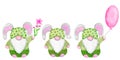 Watercolor hand drawn illsutation of Easter gnomes in cute kawaii pink and green clothes. Scandinavian nordic grnomes