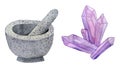 Watercolor hand drawn illsutration of gray mortar pestle and purple crystal. Witch halloween occult magic tools for