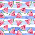 Watercolor hand drawn illustrated seamless pattern with pink tasty delicious juicy watermelon slices