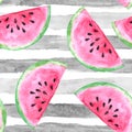 Watercolor hand drawn illustrated seamless pattern with pink tasty delicious juicy watermelon