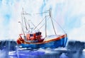 Watercolor hand drawn illustration background, barkas or lanch, blue boat in the sea.. Royalty Free Stock Photo