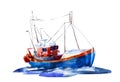 Watercolor hand drawn illustration background, barkas or lanch, blue boat in the sea Royalty Free Stock Photo