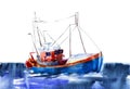 Watercolor hand drawn illustration background, barkas or lanch, blue boat in the sea