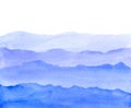 Watercolor hand drawn illustration with blue and violet waves mountains. With copy space.