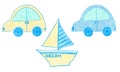 Watercolor hand drawn illustration of blue yellow cute car automobile yacht transport. Boy baby shower design for