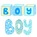 Watercolor hand drawn illustration of blue yellow cute toys letters words. Boy baby shower design for invitations Royalty Free Stock Photo