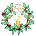 Watercolor hand drawn illustration with candle and holly wreath isolated on white background. Christmas, New year decoration Royalty Free Stock Photo