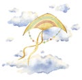 Watercolor hand drawn illustration of colorful sky kite toy in blue clouds. Vintage style delicate composition isolated Royalty Free Stock Photo