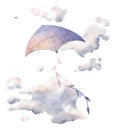 Watercolor hand drawn illustration of colorful sky kite toy in blue clouds. Vintage style delicate composition Royalty Free Stock Photo