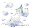 Watercolor hand drawn illustration of colorful sky kite toy in blue clouds. Vintage style delicate composition isolated Royalty Free Stock Photo