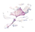 Watercolor hand drawn illustration of colorful sky kite toy in blue clouds. Vintage style delicate composition isolated Royalty Free Stock Photo