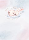 Watercolor hand drawn illustration of a cute baby bunny rabbit sleeping on the moon and the cloud. Baby Shower Theme Invitation Royalty Free Stock Photo