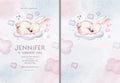 Watercolor hand drawn illustration of a cute baby bunny rabbit sleeping on the moon and the cloud. Baby Shower Theme Invitation Royalty Free Stock Photo