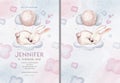 Watercolor hand drawn illustration of a cute baby bunny rabbit sleeping on the moon and the cloud. Baby Shower Theme Invitation Royalty Free Stock Photo