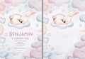 Watercolor hand drawn illustration of a cute baby bunny rabbit sleeping on the moon and the cloud. Baby Shower Theme Invitation Royalty Free Stock Photo