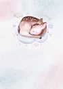 Watercolor hand drawn illustration of a cute baby deer, fawn sleeping on the moon and the cloud. Baby Shower Theme Invitation Royalty Free Stock Photo