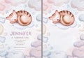 Watercolor hand drawn illustration of a cute baby deer, fawn sleeping on the moon and the cloud. Baby Shower Theme Invitation Royalty Free Stock Photo