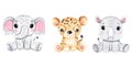Watercolor hand-drawn illustration with cute baby elephant, leopard and rhinoceros. Funny animal great for fabric and Royalty Free Stock Photo