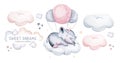 Watercolor hand drawn illustration of a cute baby elephant, sleeping on the moon and the cloud. Baby Shower Theme Invitation