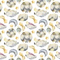 Watercolor hand drawn illustration, cute baby sheep in sleeping hats with stars, comets and moon. Seamless pattern Royalty Free Stock Photo