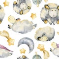 Watercolor hand drawn illustration, cute baby sheep in sleeping hats with stars, comets and moon. Seamless pattern Royalty Free Stock Photo