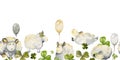 Watercolor hand drawn illustration, cute plush baby sheep with balloons, lucky green four-leaf clover field. Seamless Royalty Free Stock Photo