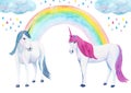 Watercolor hand drawn illustration with cute unicorns, rainbow and clouds