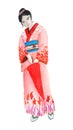 Watercolor hand drawn illustration design of girl woman in kimono traditional japanese asian dress clothes of red pink Royalty Free Stock Photo