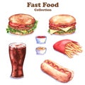 Watercolor hand-drawn illustration of different food: hamburger, cheeseburger, French fries, hot dog, cola, sauces