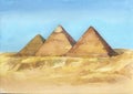 Watercolor hand drawn illustration of egyptian pyramids in Giza.