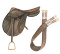 Watercolor illustration of equestrian equipment brown saddle and girth, ammunition and accessories for horse riding Royalty Free Stock Photo