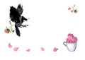 Watercolor hand drawn illustration of a flying crow with peony bud, cup with meringues isolated on white. Decoration for menu,