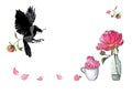 Watercolor hand drawn illustration of a flying crow with peony flower, big peony in bottle, cup with meringues isolated on white.