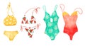 Watercolor hand drawn illustration of four swinsuit swimwear bikini tankini apparel. Yellow red watermelon print fabric Royalty Free Stock Photo