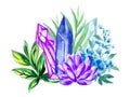 Watercolor hand drawn illustration gemstone crystals precious semiprecious minerals with flowers and leaves. Occult witchcraft Royalty Free Stock Photo