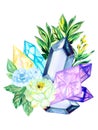 Watercolor hand drawn illustration gemstone crystals precious semiprecious minerals with flowers and leaves. Occult witchcraft