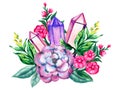 Watercolor hand drawn illustration gemstone crystals precious semiprecious minerals with flowers and leaves. Occult witchcraft