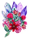 Watercolor hand drawn illustration gemstone crystals precious semiprecious minerals with flowers and leaves. Occult witchcraft Royalty Free Stock Photo