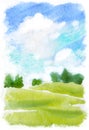 Watercolor illustration of green hills, distant trees, spring or summer abstract background Royalty Free Stock Photo