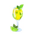 Watercolor hand drawn illustration with green yellow cocktail mojito mint lime citrus slices. Vibrant intense bright