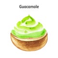 Watercolor hand drawn illustration of guacamole in a wooden bowl isolated on white