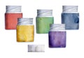 Watercolor hand drawn illustration, kids children painting materials supplies, color gouache acrylic ink tempera bottles