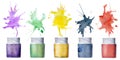 Watercolor hand drawn illustration, kids children painting materials supplies, gouache acrylic ink bottles, splashes