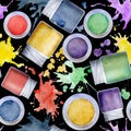 Watercolor hand drawn illustration, kids children painting materials supplies, gouache acrylic ink bottles, splashes